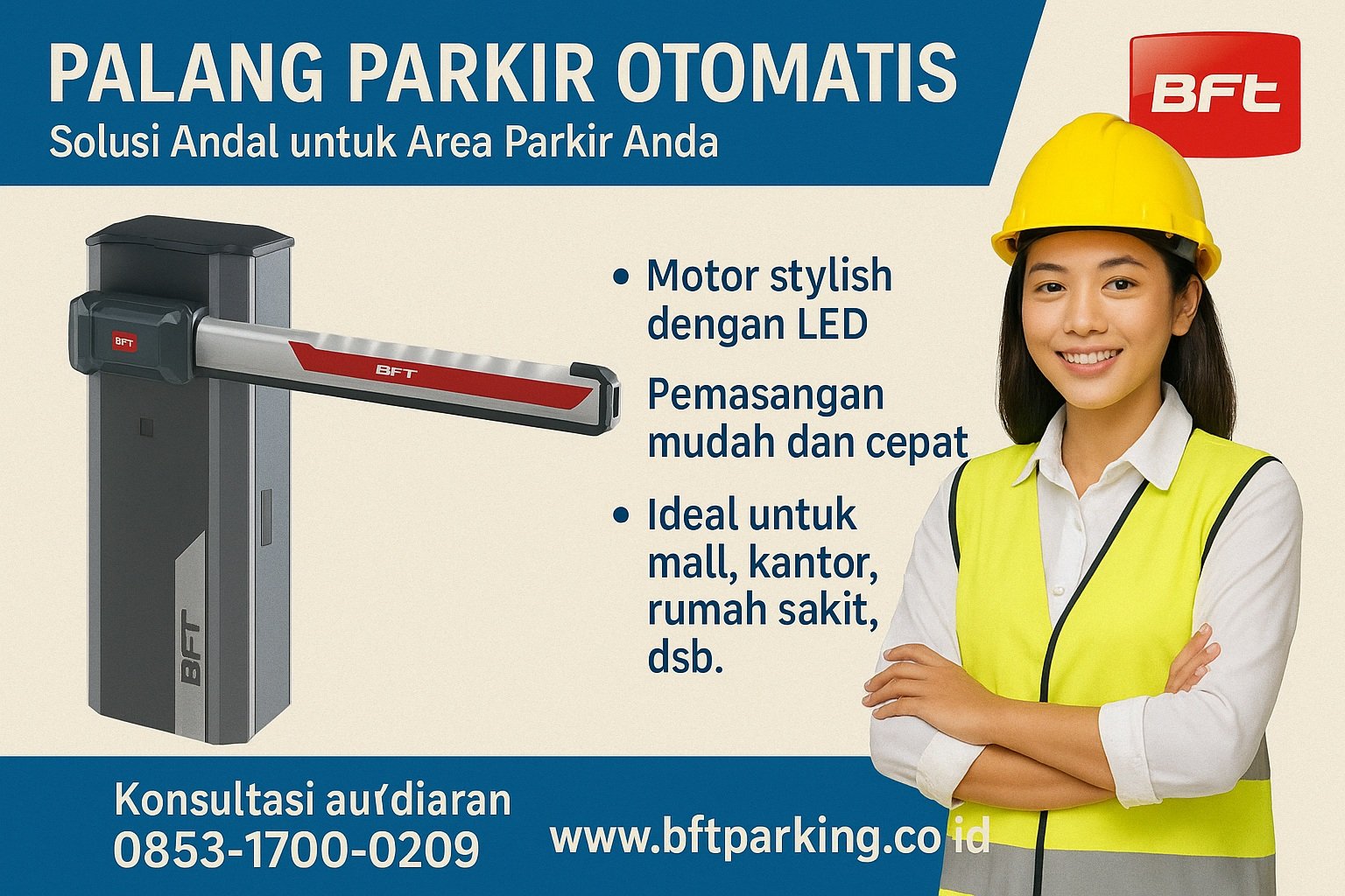 Palang parkir otomatis BFT Giotto buatan Italia kini tersedia di Yogyakarta! Sistem kontrol kendaraan premium, ideal untuk akses perumahan, mall, kampus, rumah sakit, dan perkantoran.